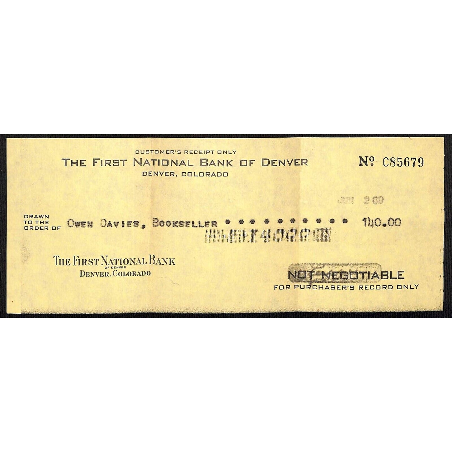 1969 Owen Davies, Bookseller First Natiuonal Bank Denver, CO Receipt