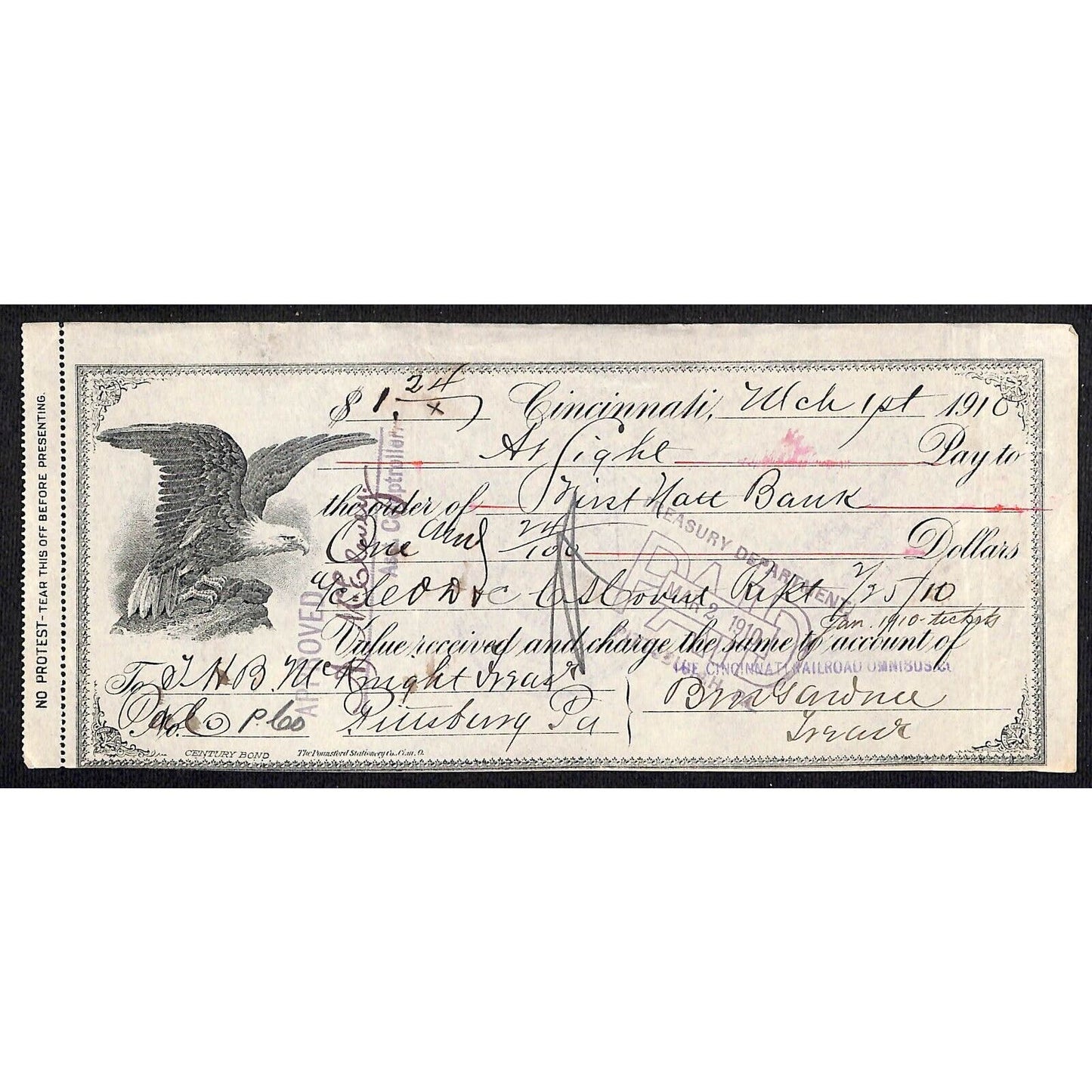 Cincinnati Railroad Omnibus Co. 1910 $1.24 Bank Check Payment for Tickets