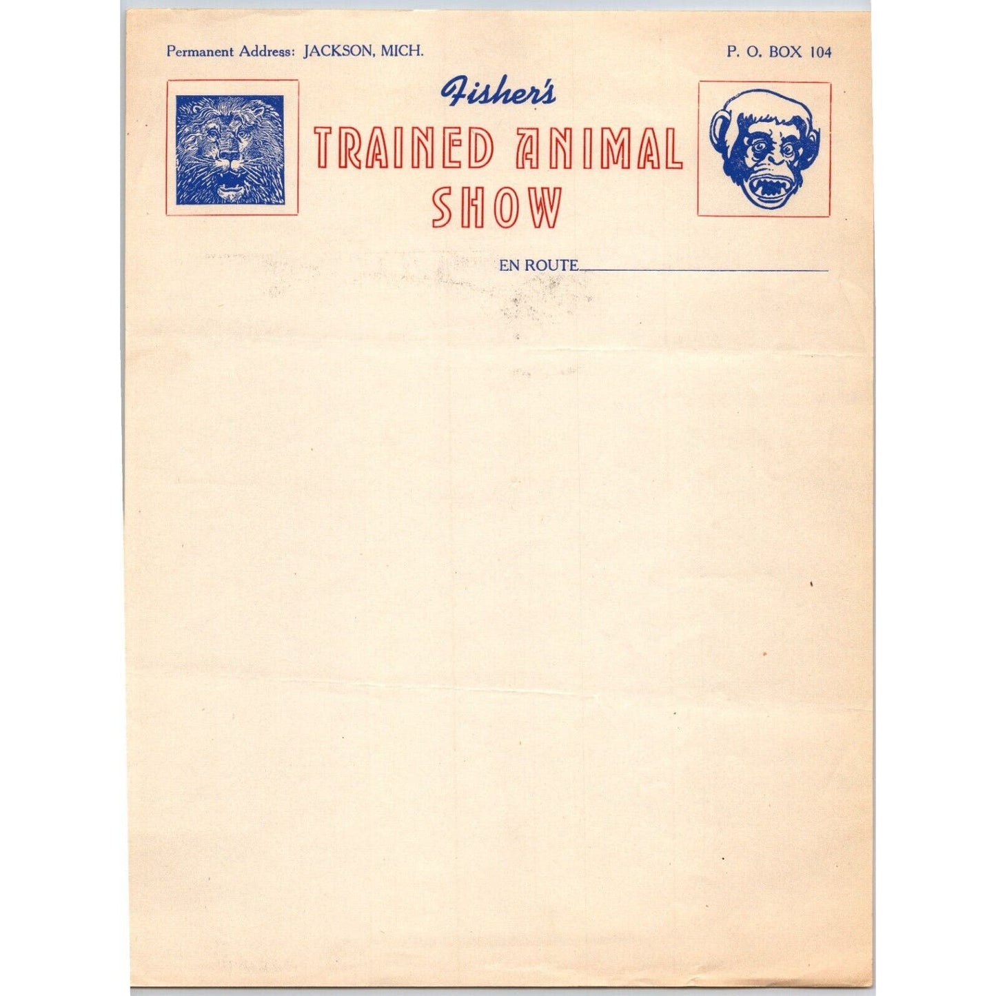 Fisher's Trained Animal Show Circus Letterhead c1944 Jackson, MI Scarce