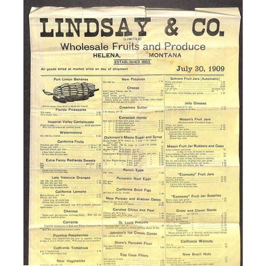 1909 Lindsay & Co. Helena, Montana Wholesale Fruits & Produce Large Price Sheet