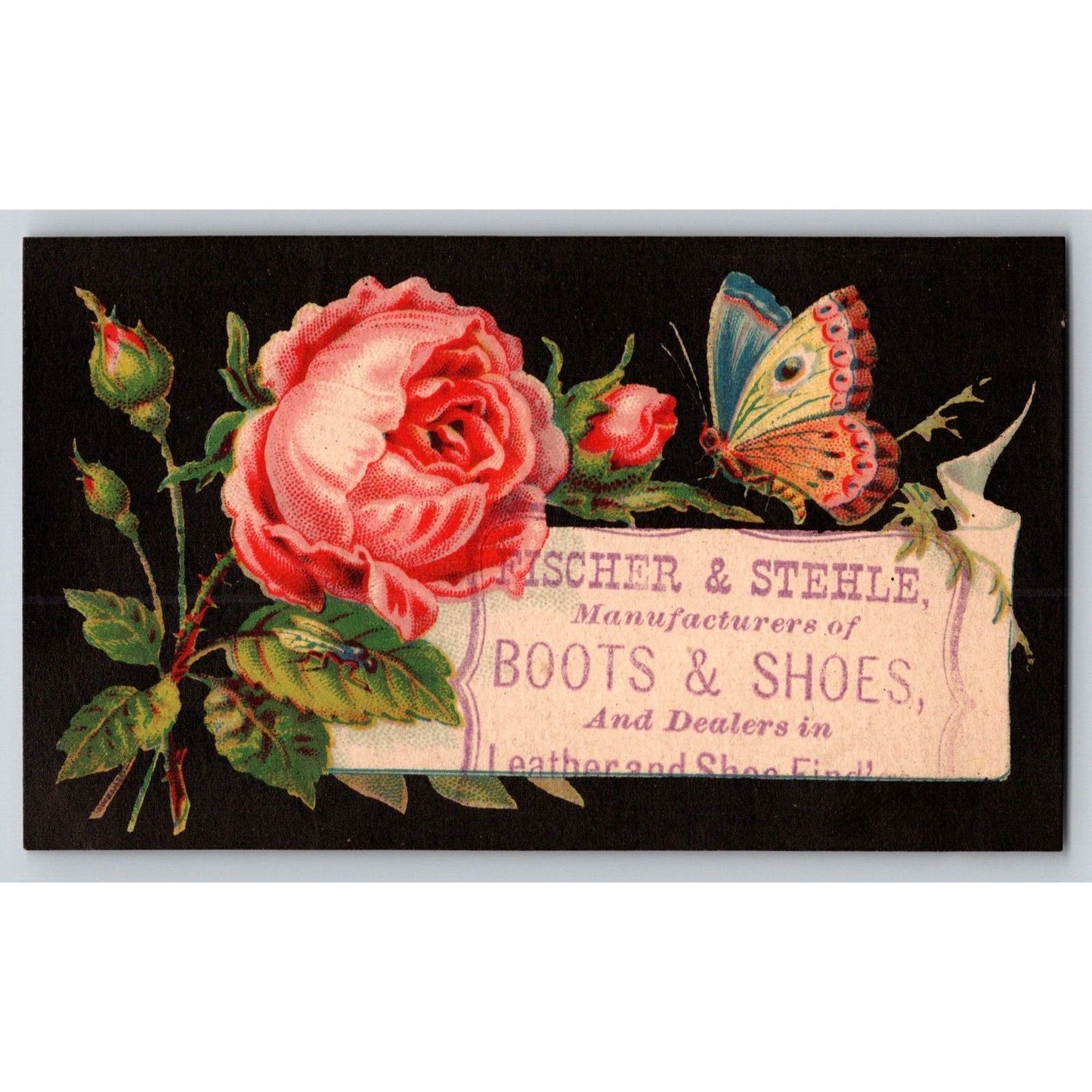 Fischer & Stehle Boots & Shoes (Marietta, WA?) Victorian Trade Card Roses