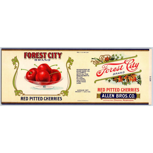 Forest City Red Pitted Cherries Paper Can Label Omaha, NE NOS VGC c1920's-30's