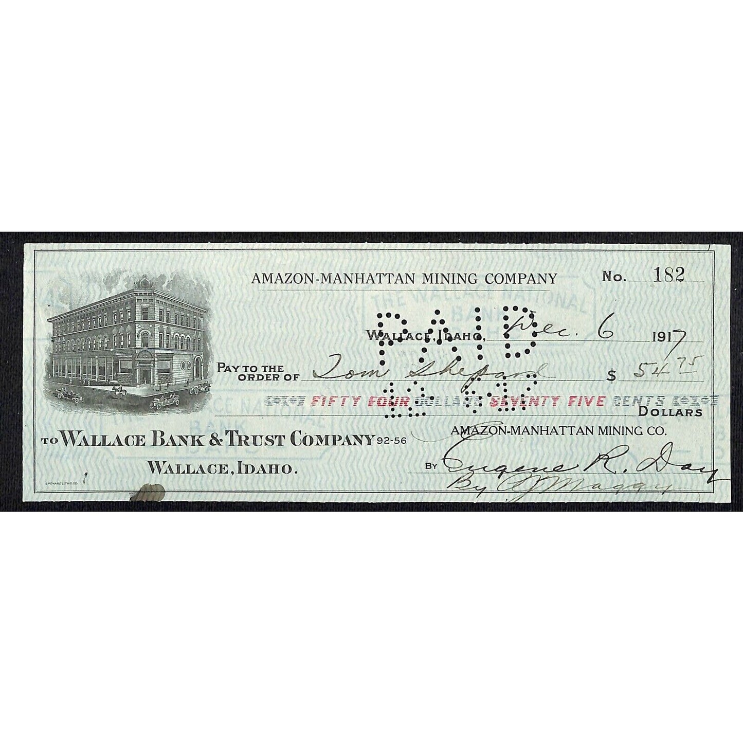 1917 Wallace, Idaho Amazon-Manhattan Mining Co. $54 Bank Check w/ Vignette