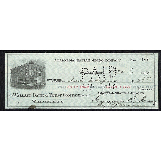 1917 Wallace, Idaho Amazon-Manhattan Mining Co. $54 Bank Check w/ Vignette