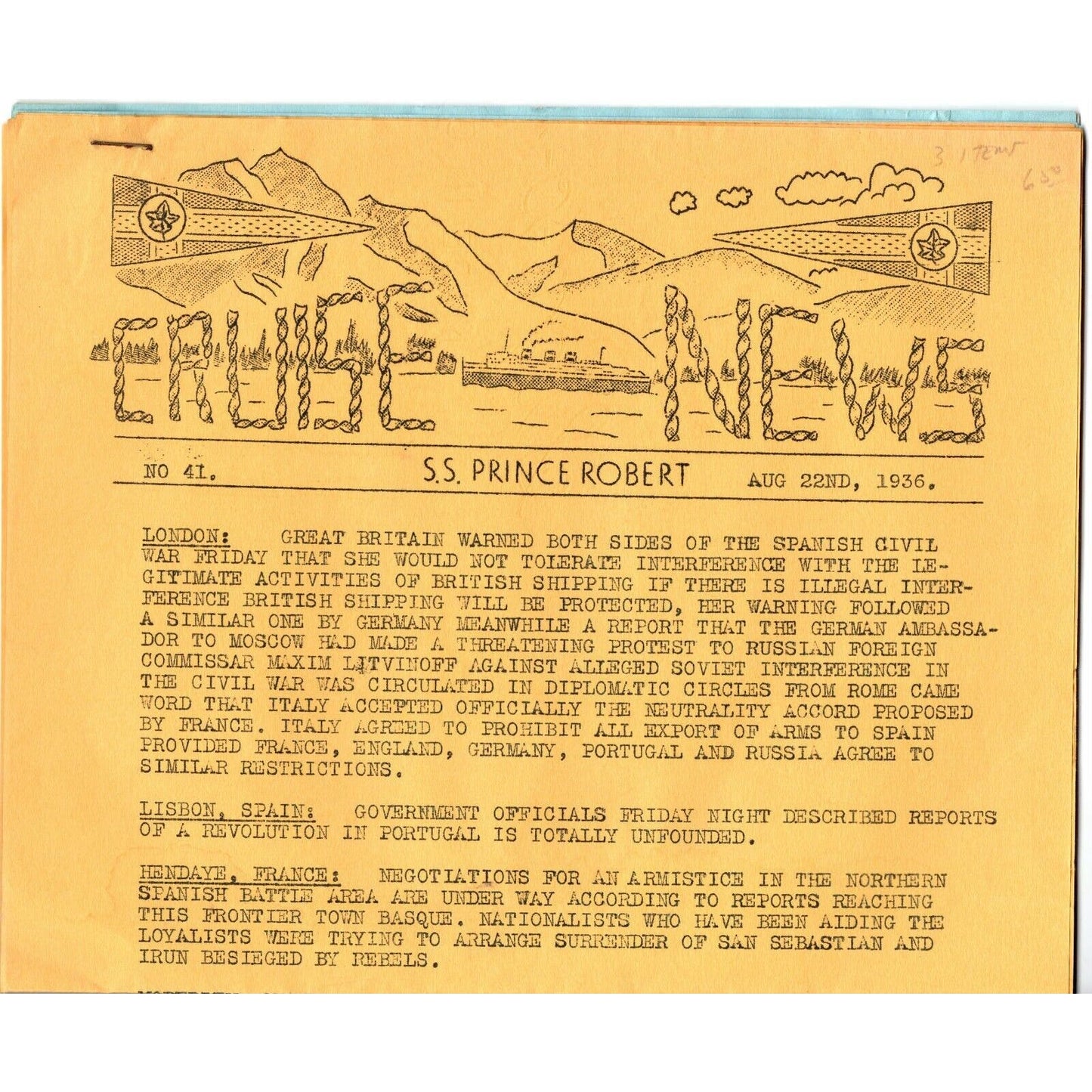 1936 8/22 SS Prince Robert Daily "Cruise News" 2 Pages