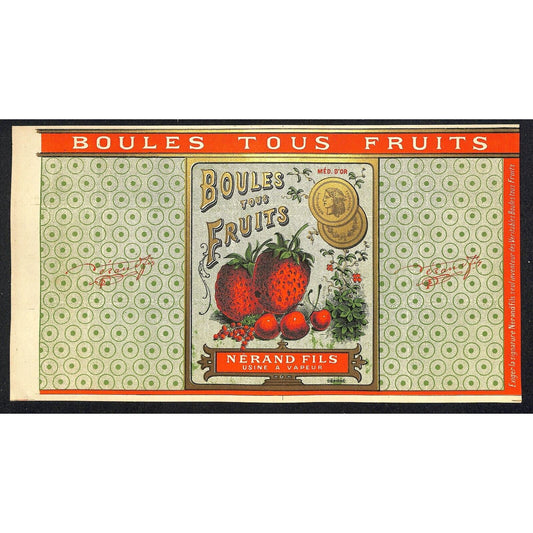 c1910's French Paper Fruit Label - Boules Tous Fruits Nerand Fils w/ Gilt VGC