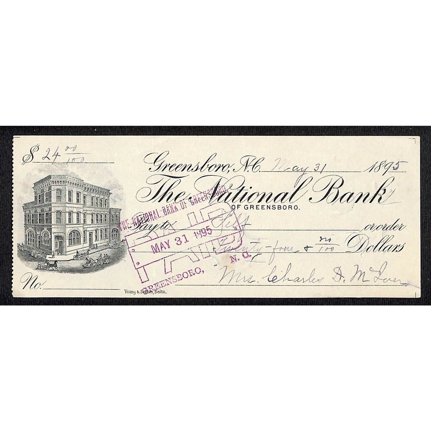1895 Greensboro National Bank Check w/ Building Horse Carriage Street Vignette