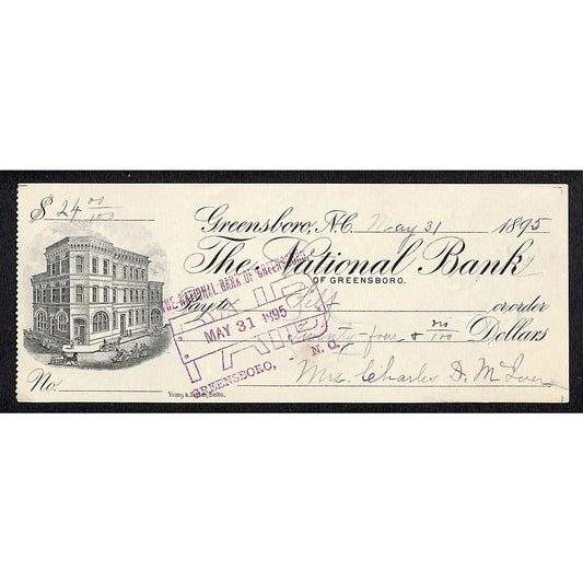 1895 Greensboro National Bank Check w/ Building Horse Carriage Street Vignette