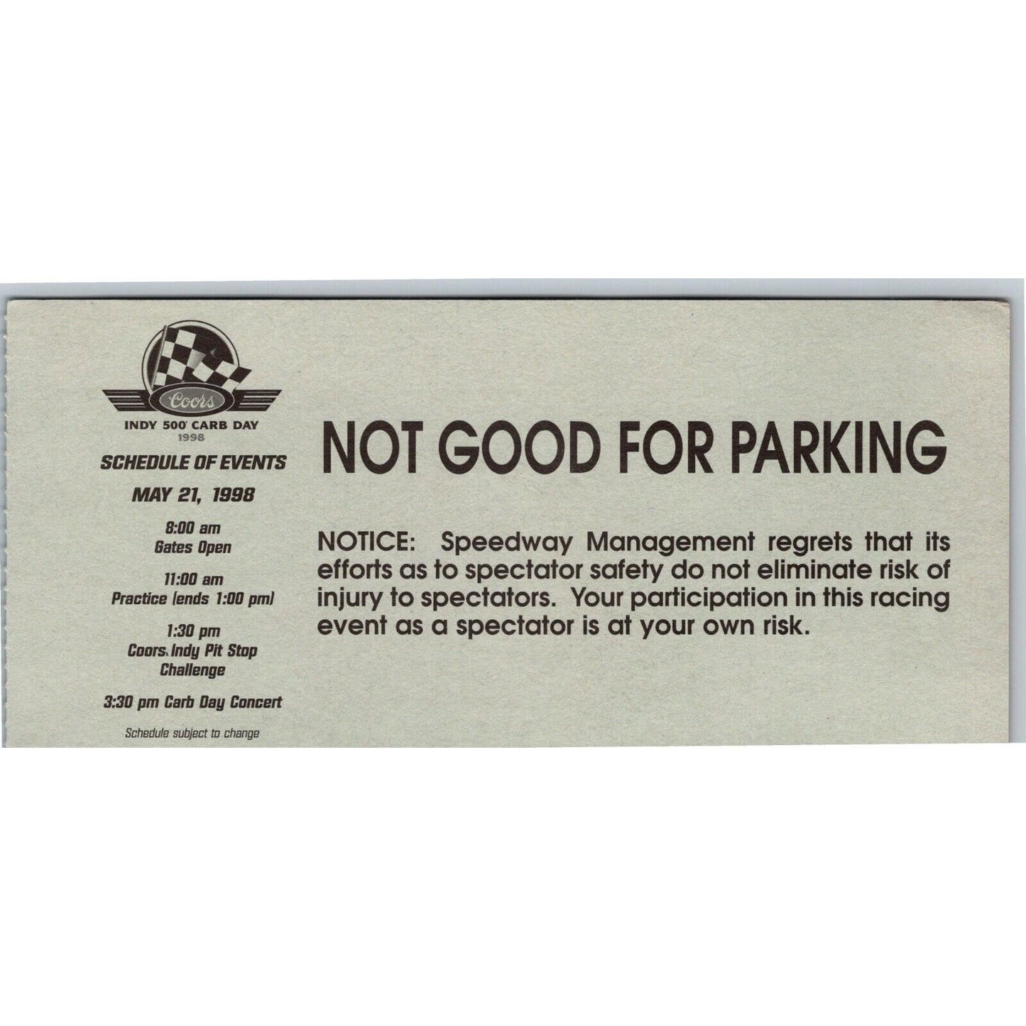 1998 Indy 500 Carb Day Tower Suites Ticket Stub Indianapolis #70