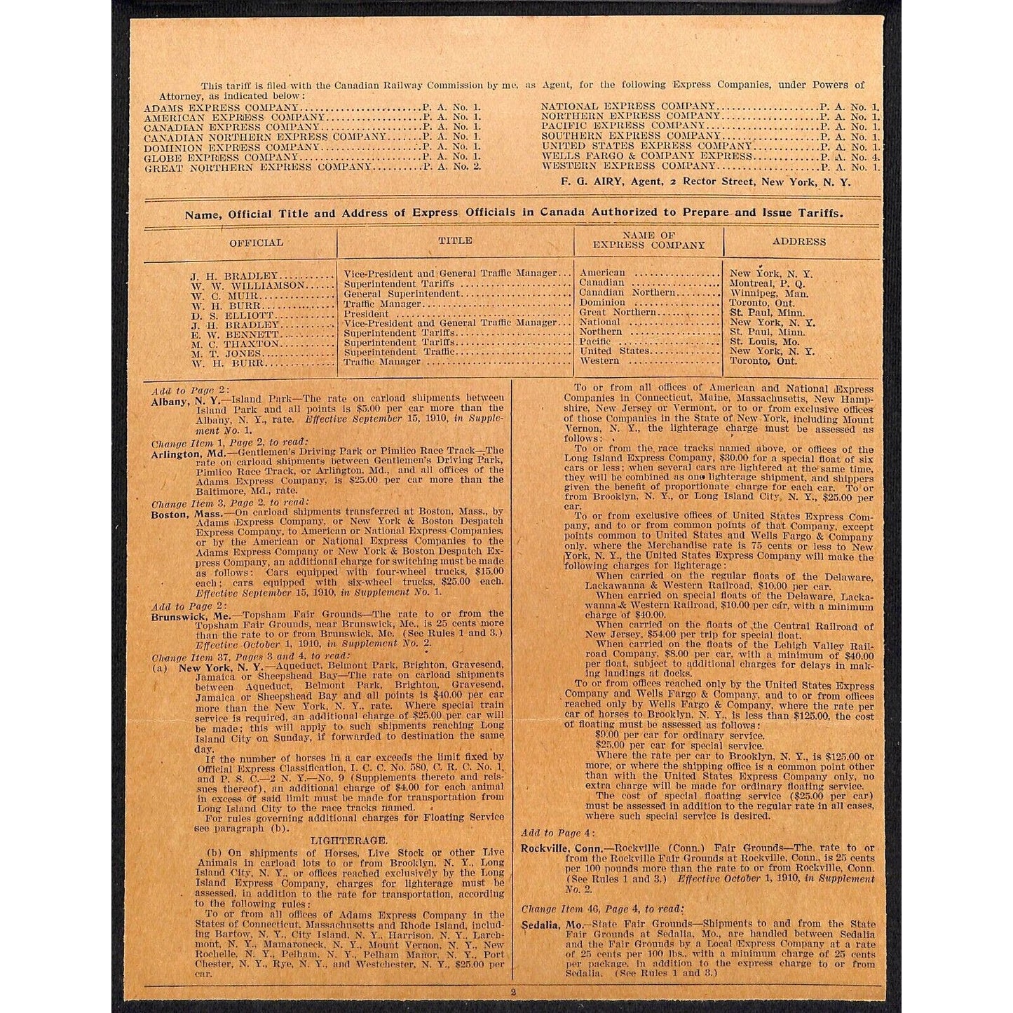 American Express 1910 Terminal & Switching Charges Notice Sheet - Railroad VGC