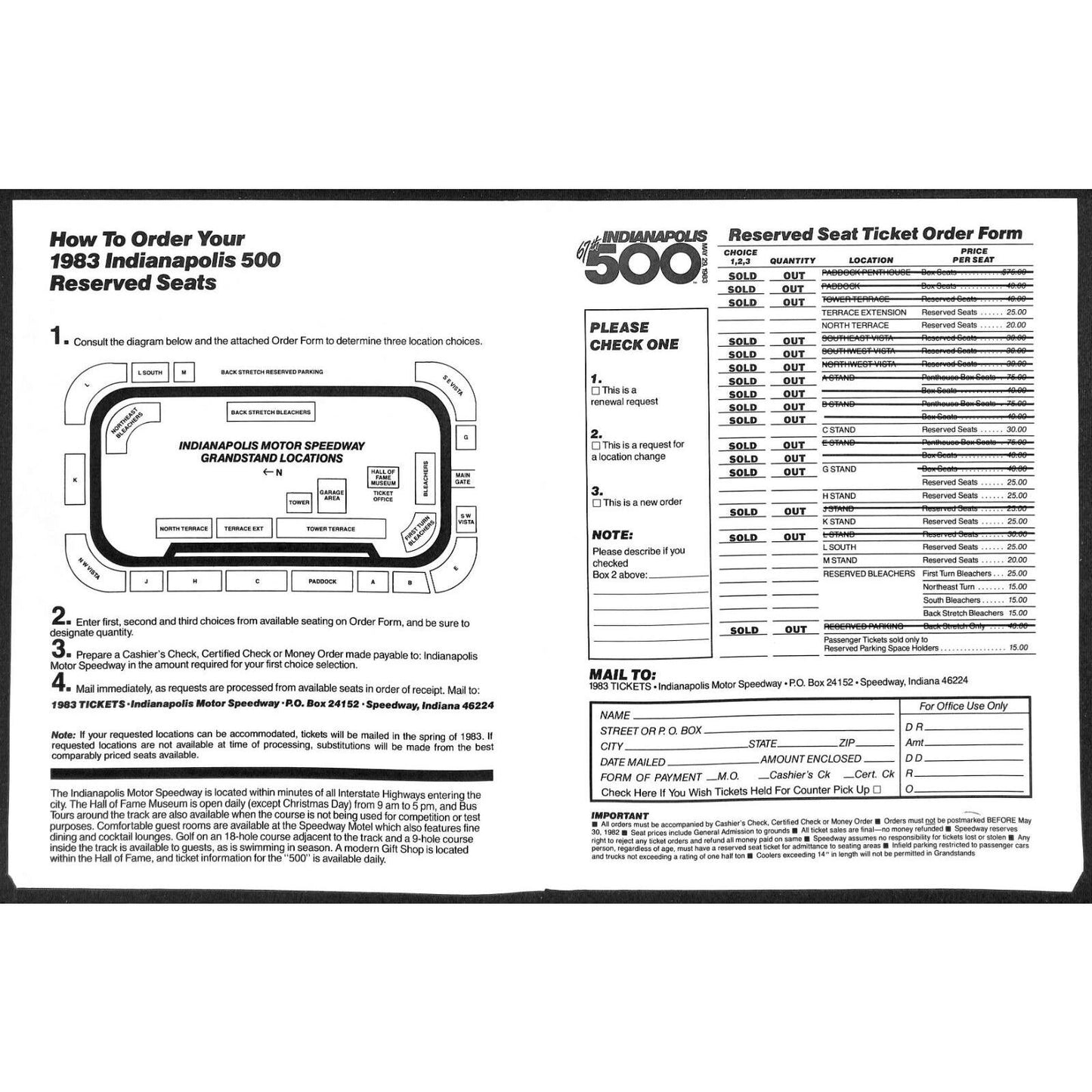 1983 Indy 500 Indianapolis Motor Speedway Ticket Info and Order Form Sheet