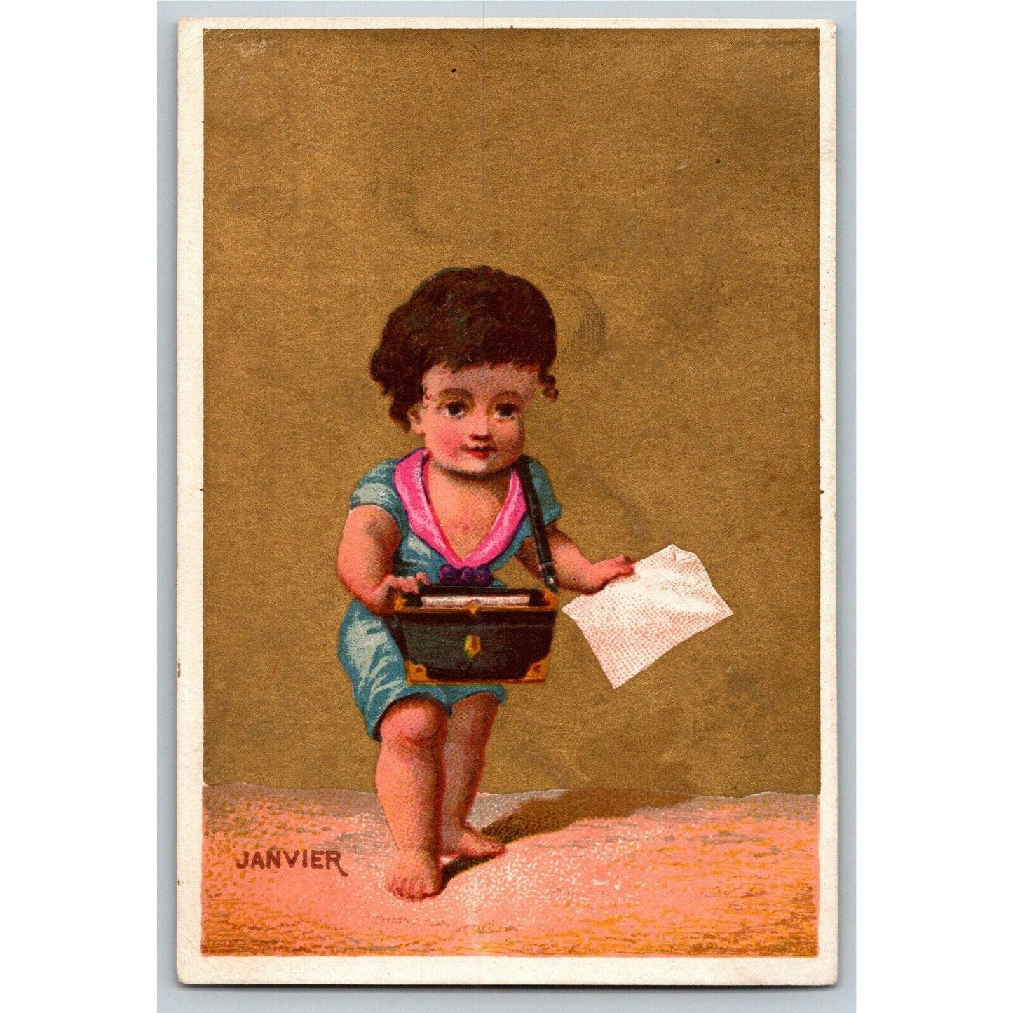 Gilt "Janvier" Child w/ Purse / Folder ? (Soapine) Unmarked Victorian Trade Card