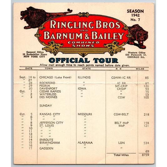 1942 Ringling Bros Barnum & Bailey Circus Route Card Chicago Rockford Des Moines