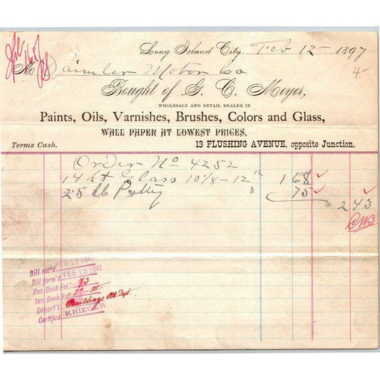 1897 LIC, NY Letterhead G.C. Meyer Paints Oils Varnishes Brushes Colors Glass