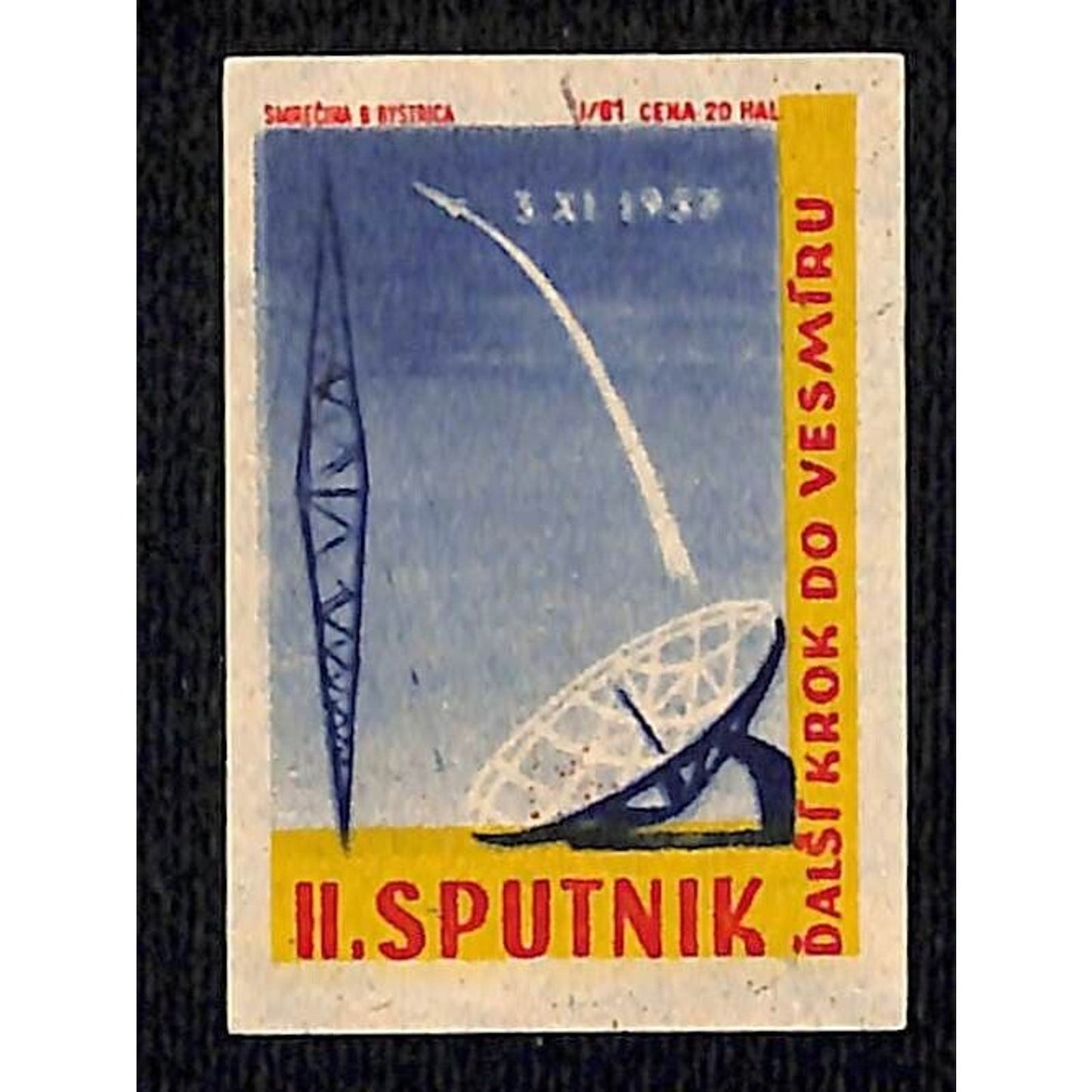 Vintage Matchbox Label USSR Sputnik Space Program w/ Radar Dish c1957