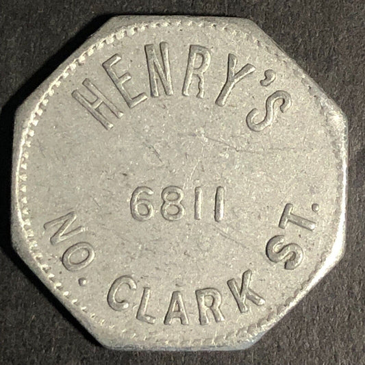 Henry's 6811 No. Clark St (Chicago) Alum G/F 10c Trade Token Hexagon 23mm