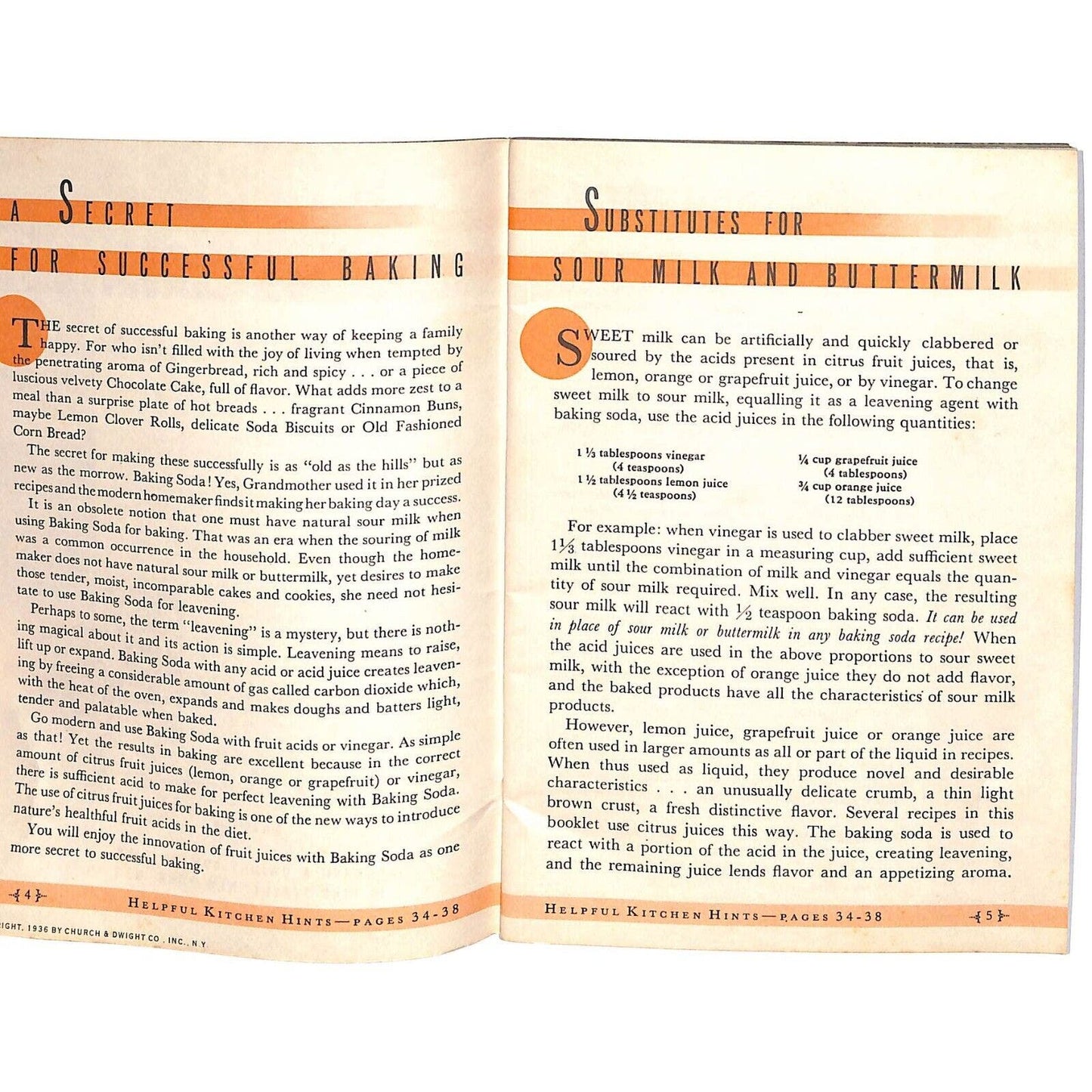 Arm & Hammer Baking Soda "Successful Baking" Cook Book 1936 VGC 38pp