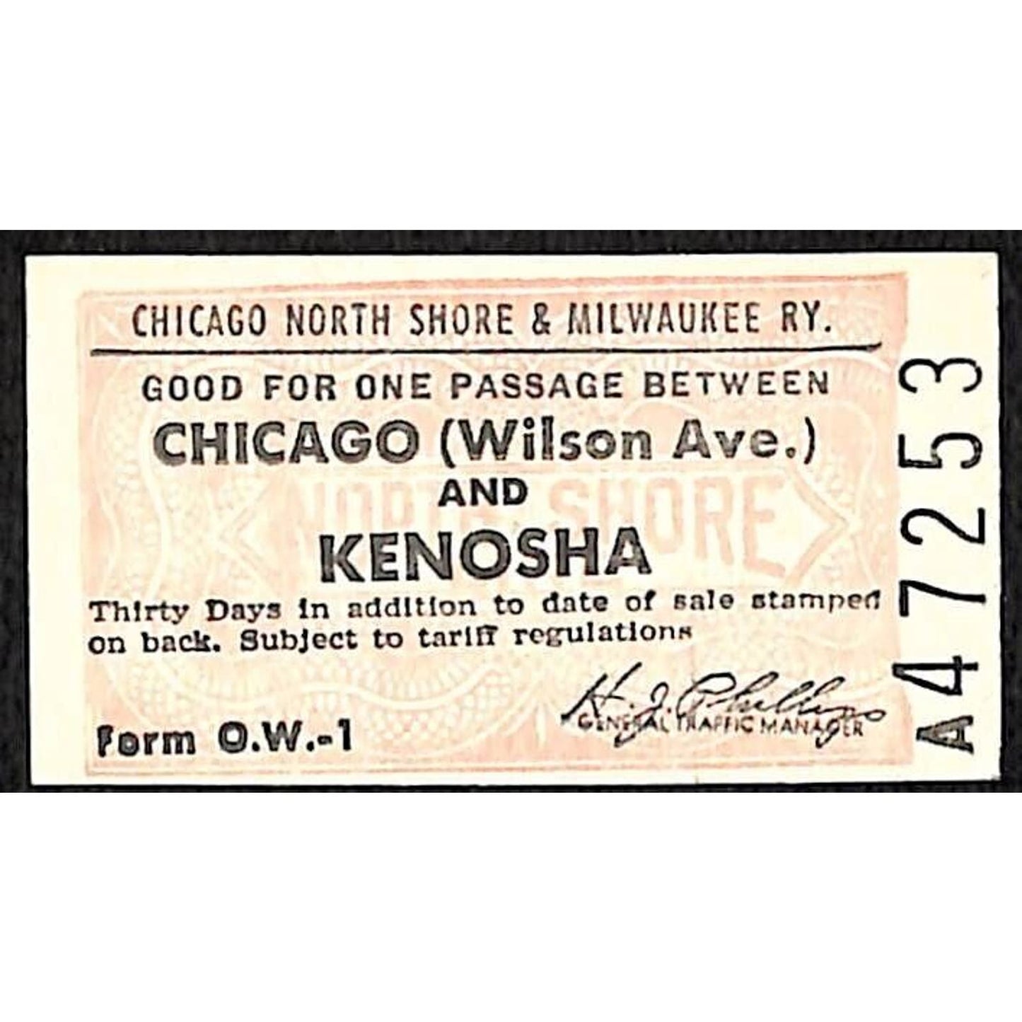 Chicago North Shore & Milwaukee RY Ticket c1947-50's Kenosha #47253