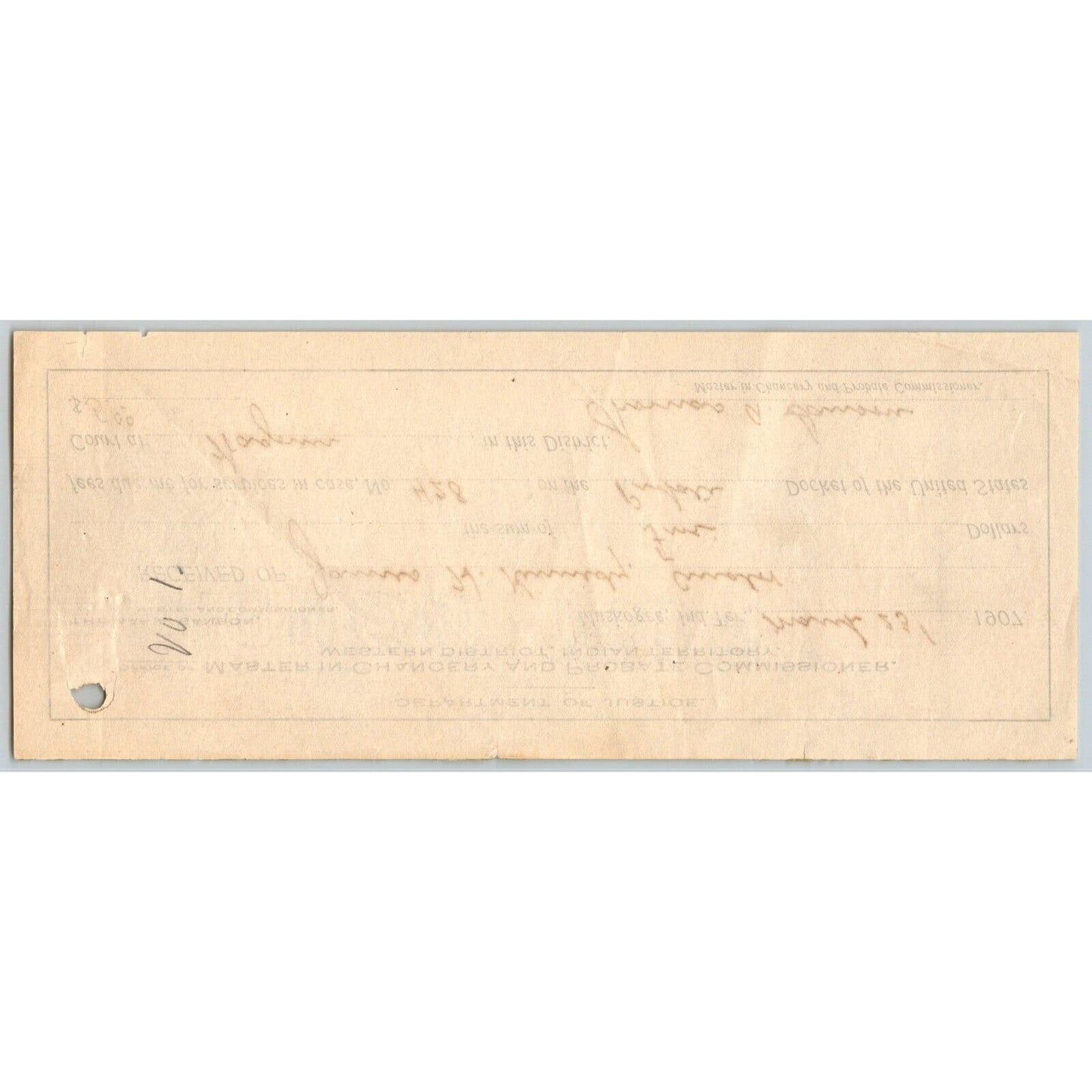 Muskogee, OK 1907 Indian Territory Dept of Justice Probate Payment Receipt