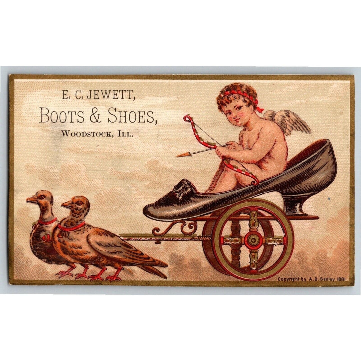 E.C. Jewett, Boots & Shoes, Woodstock, ILL Birds Cupid Victorian Trade Card
