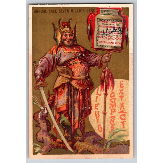 Asian Themed Victorian Trade Card Liebig Meat Extract Smiling Warrior With Sword