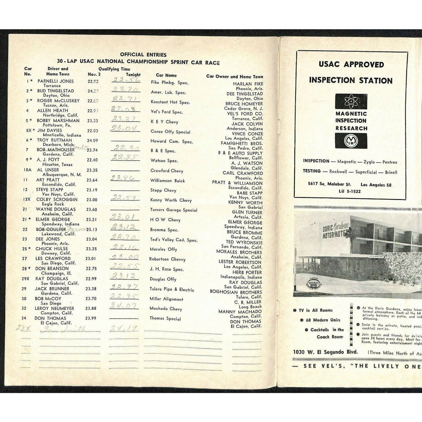 Scarce Nov 10 1962 USAC Sprint Racing Program Ascot Park Gardena Parnelli 16pp