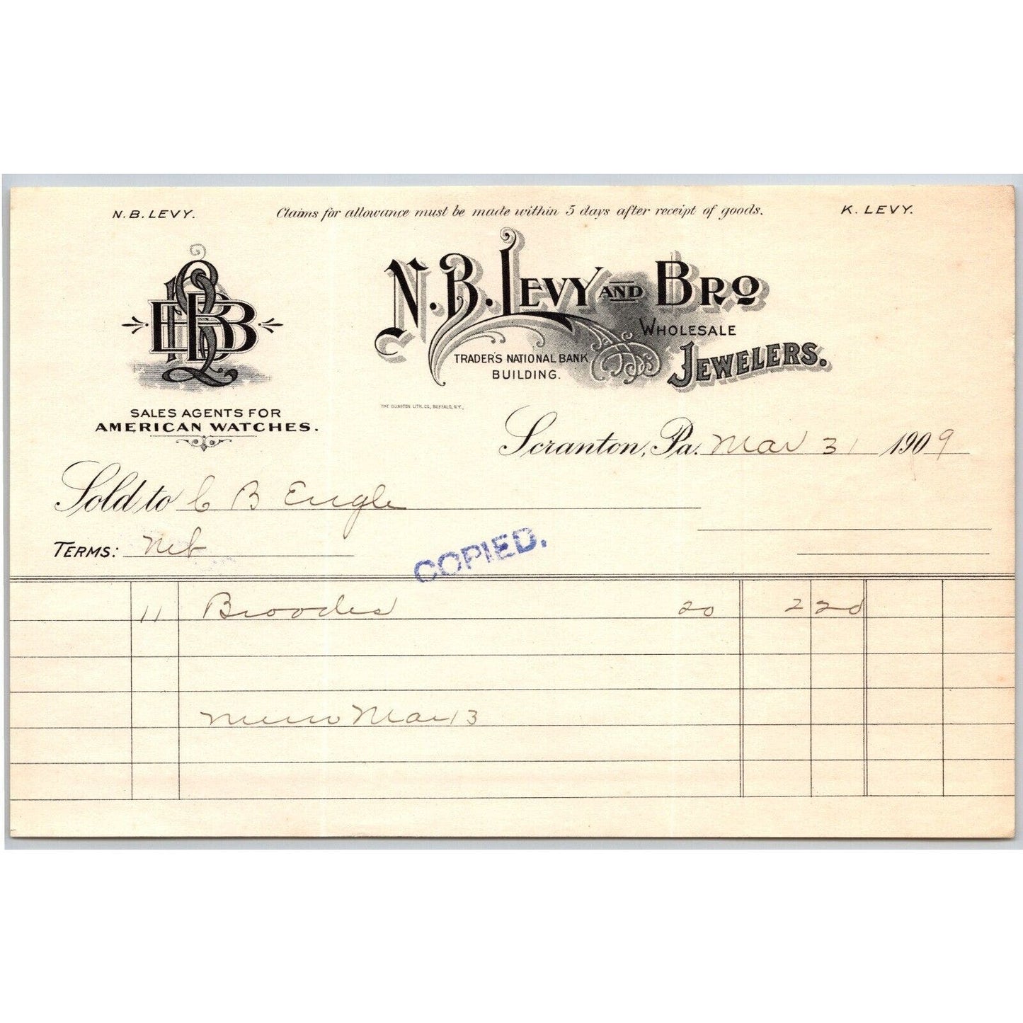 Scranton, PA N.B. Levy and Bro. Jewelers "C.B. Engel" 1908 Billhead
