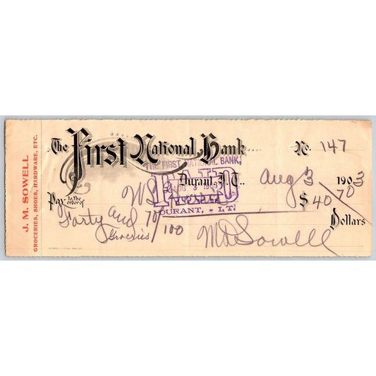 Durant, OK 1903 Indian Territory J.M. Sowell Groceries FNB Bank Check - Scarce
