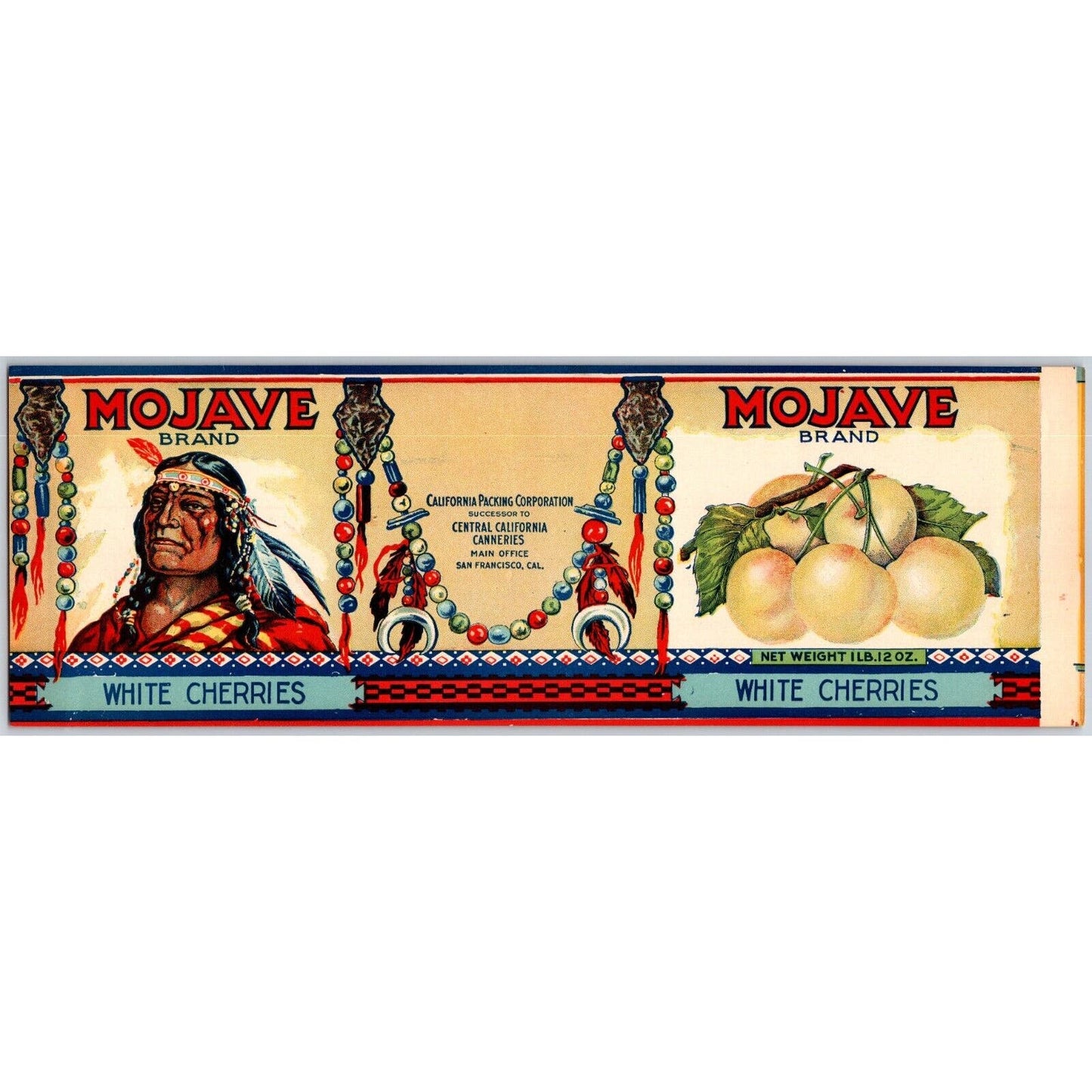 Mojave Brand White Cherries Paper Can Label c1920's-30's VGC Scarce