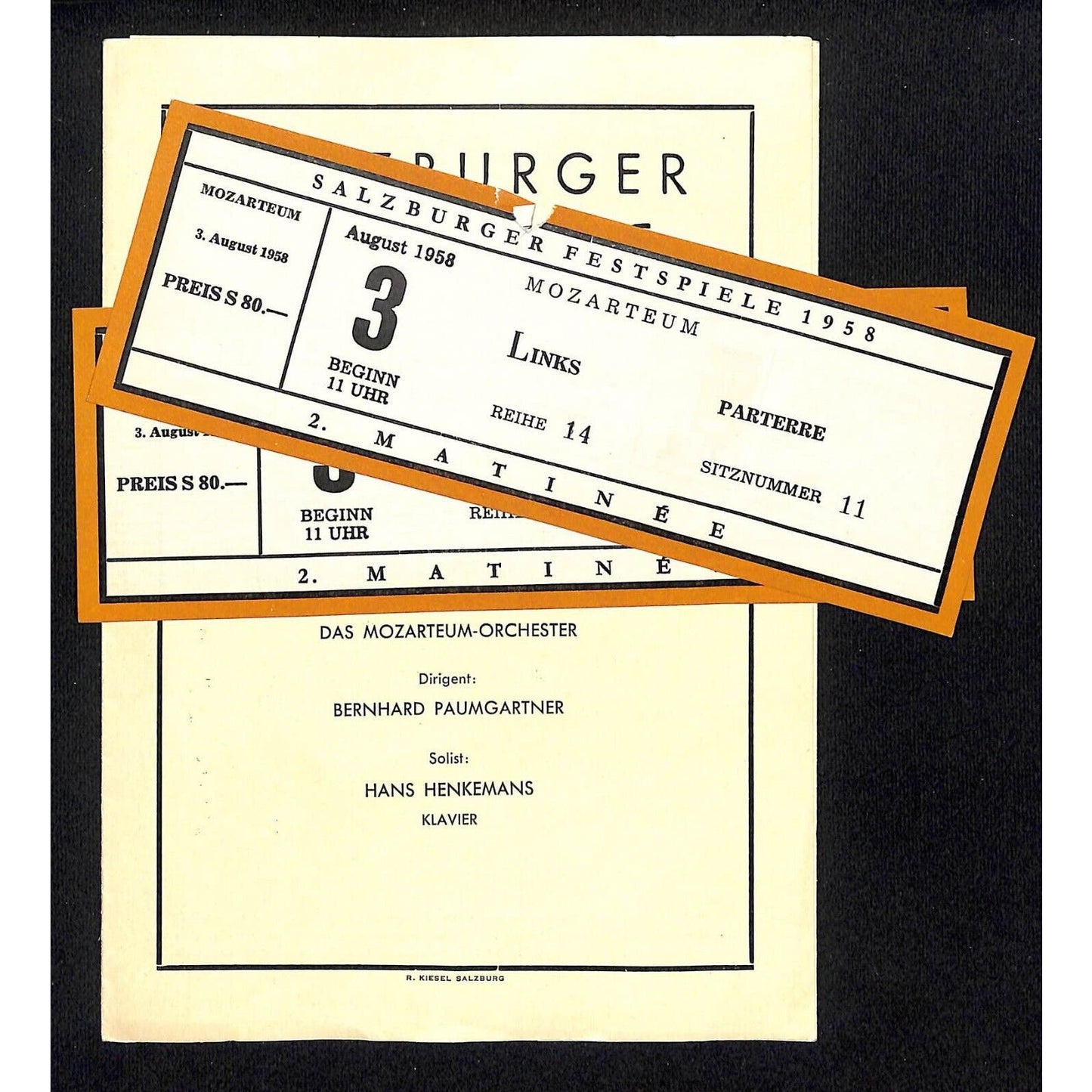 Salzburger Festspiele 1958 Program Mozart - Matinee w/ 2 Tickets - Scarce