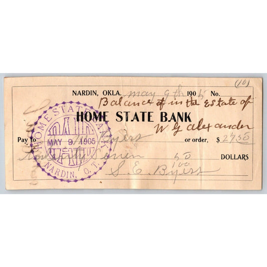 Nardin, Oklahoma Territory 1905 "Home State Bank" Estate Check w/ Big Bold Stamp