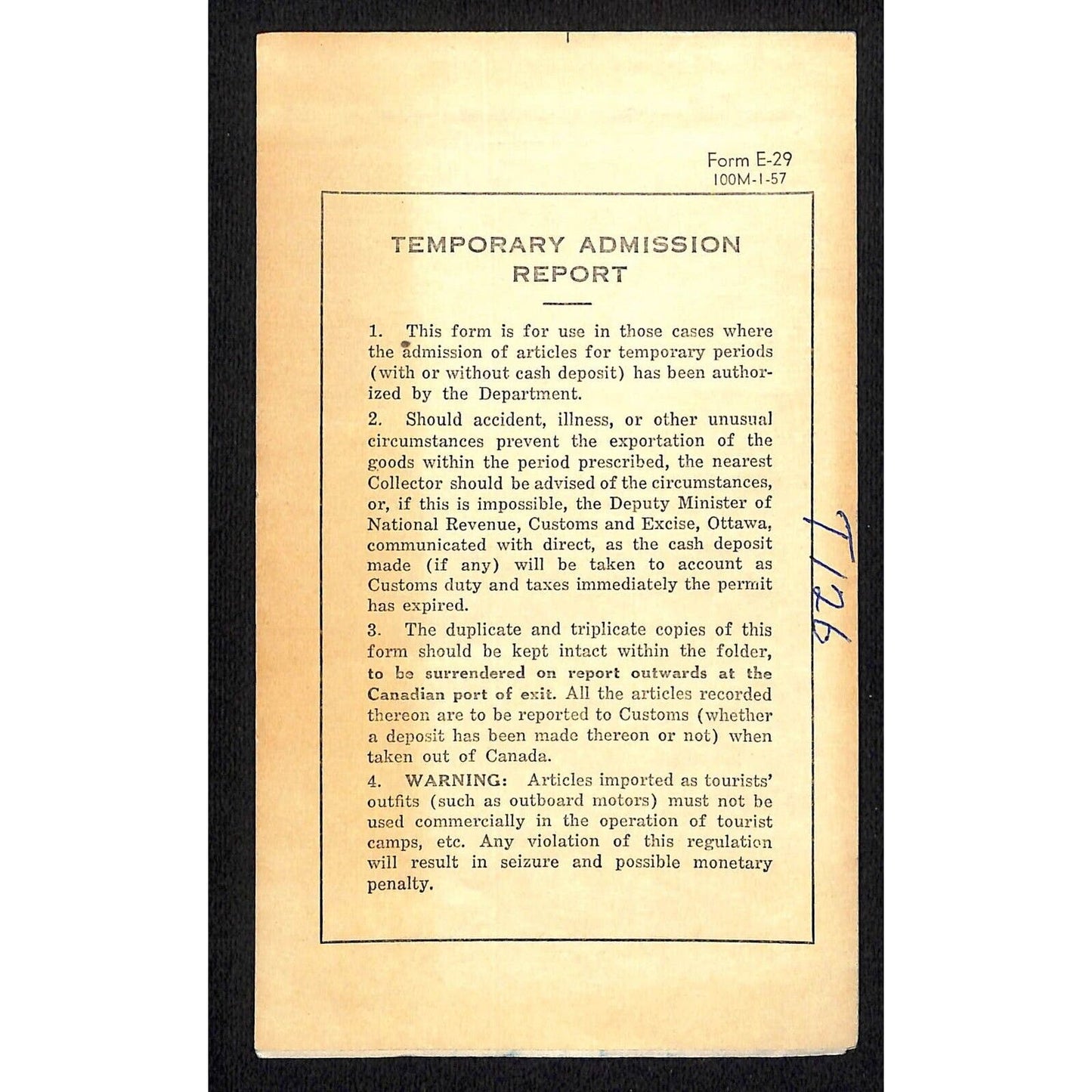 National Revenue Canada 1958 "Temporary Admission Report"