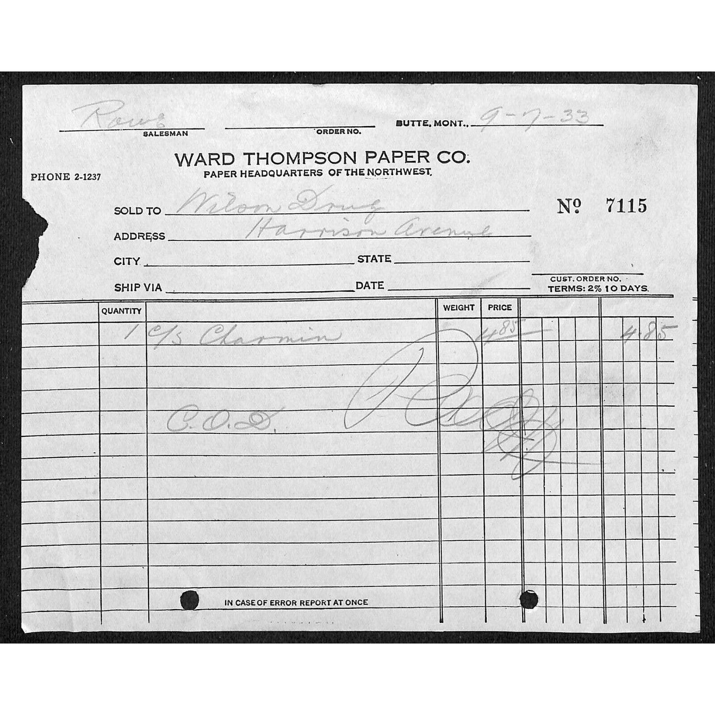 Ward Thompson Paper Co. Butte Montana 1933 Billhead Letterhead - Wilson Drug