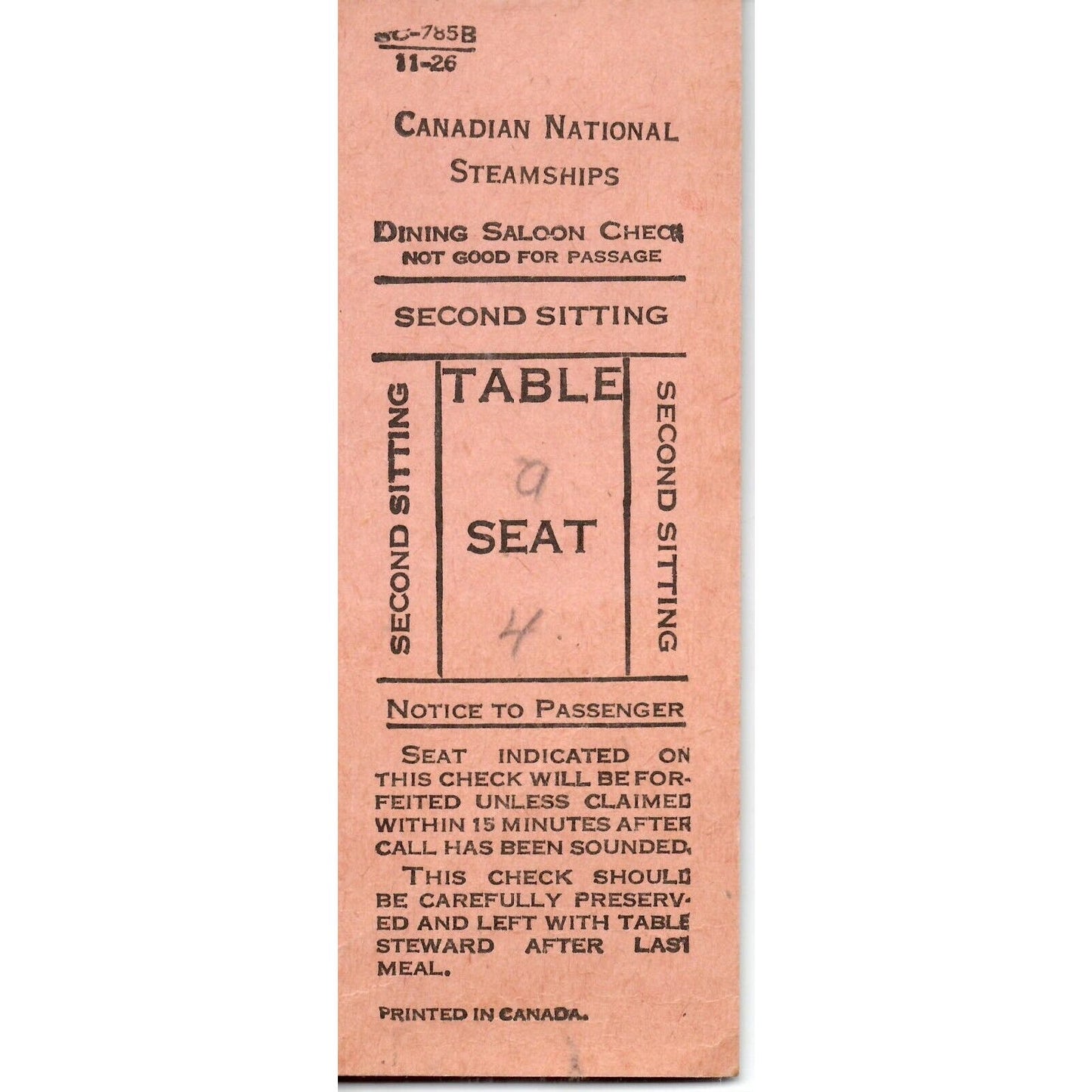 c1926 Canadian National Steamships Dining Saloon Check / Ticket Second Sitting
