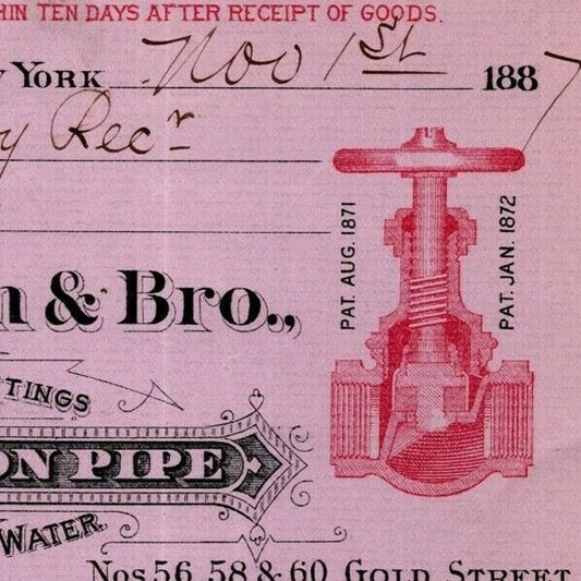 1887 "T. R. Mc Mann & Bros., Wrought Iron Pipe" Billhead Letterhead Gold St, NYC
