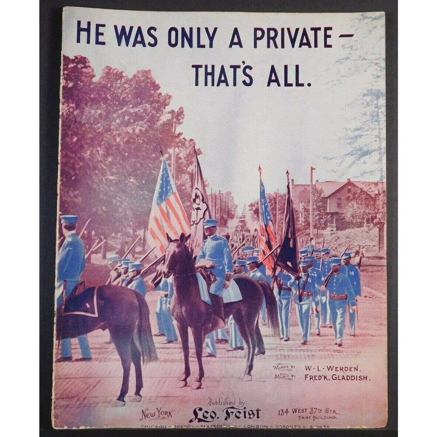 WWI Sheet Music - "He Was Only A Private - That's All" Flags Horses Soldiers