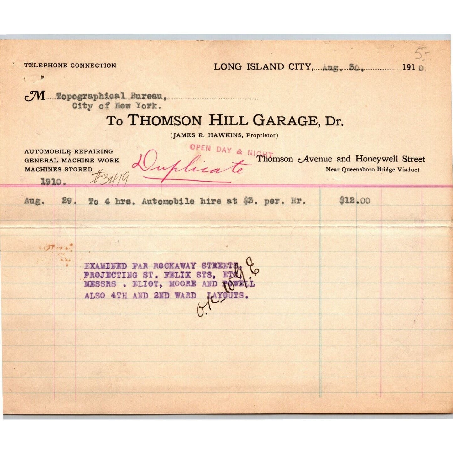 Long Island City NY Billhead Letterhead 1910 Thomson Hill Garage James Hawkins