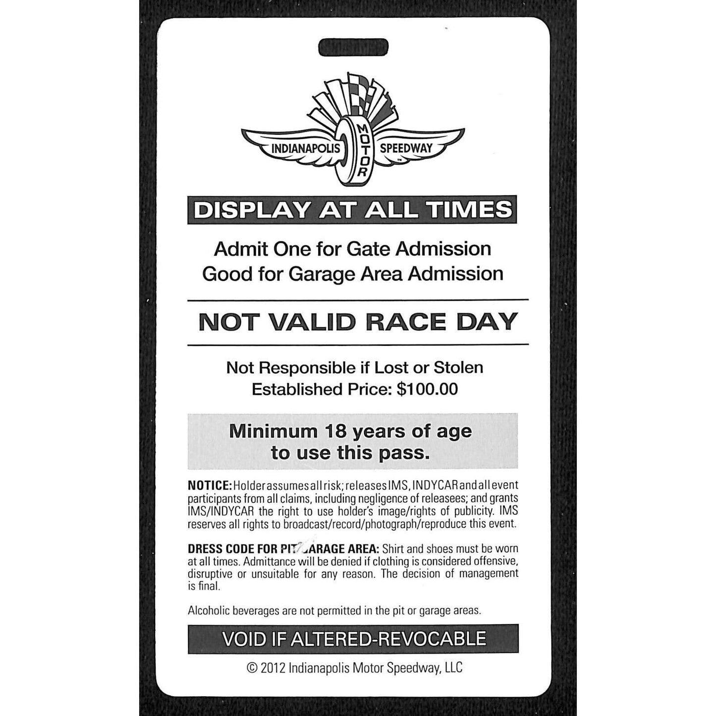 2012 Indy 500 Garage Access Ticket Pass Indianapolis IMS #1948 VGC