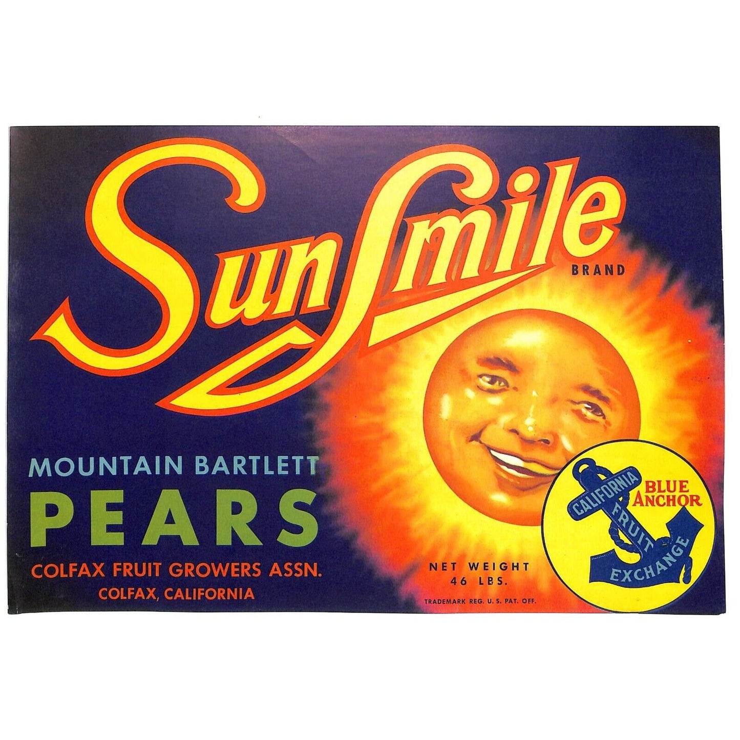 Vintage Paper Fruit Crate Label - Sun Smile Brand Bartlett Pears w/ Smiling Sun