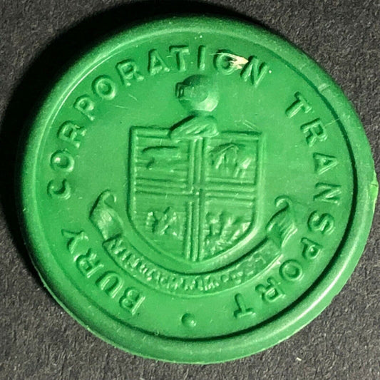 Bury Transport England Plastic Token Olive Green 2D 21mm c50's-60's