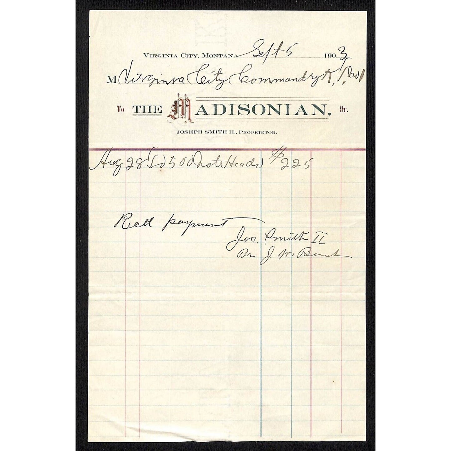 Virginia City MT "The Madisonian" (Newspaper) 1903 Billhead