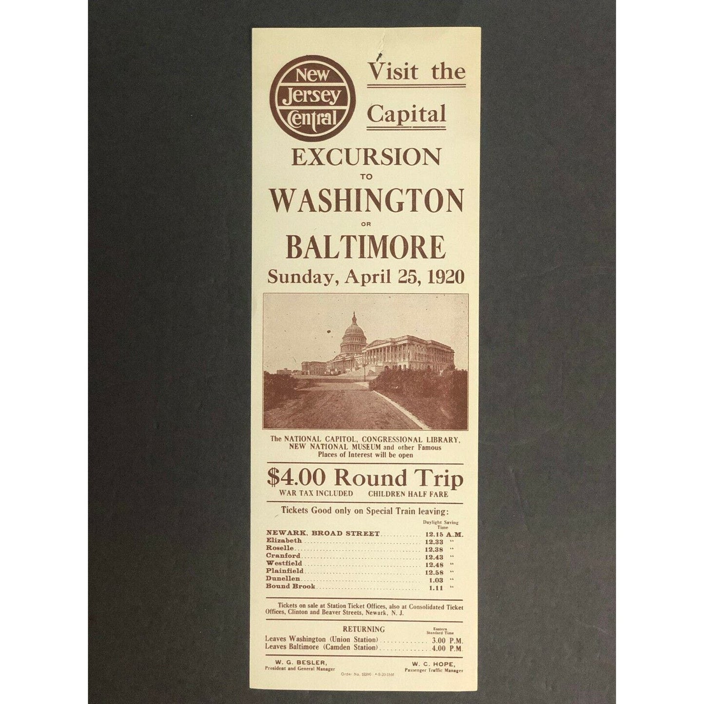 Vintage 1920 New Jersey Central RR Broadside "Visit the Capital" Excursion