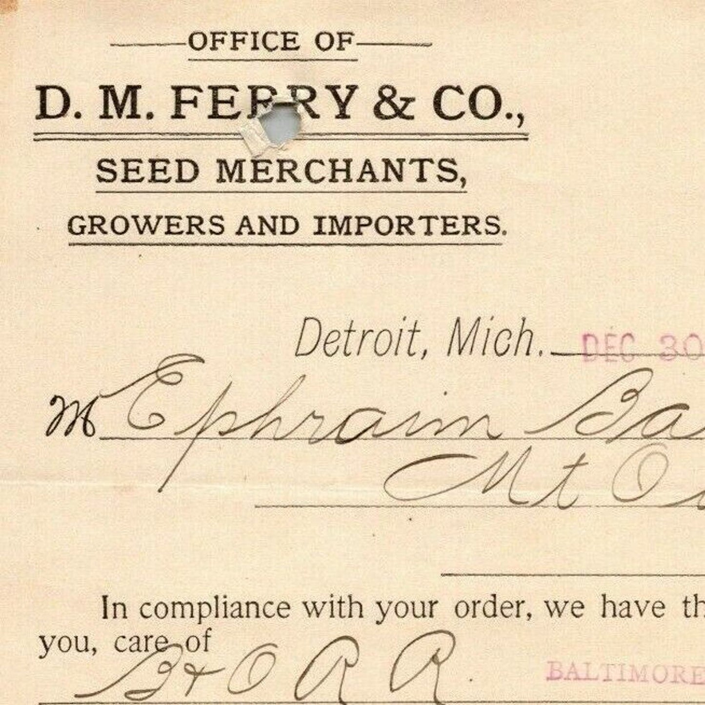 1895 Letterhead Billhead D.M. Ferry Seed Merchants Detroit - Ephraim Baker*