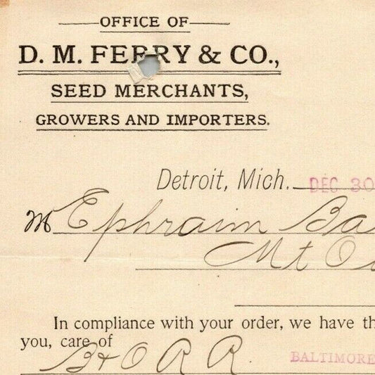 1895 Letterhead Billhead D.M. Ferry Seed Merchants Detroit - Ephraim Baker*