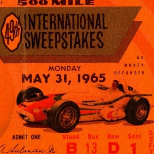 Indy 500 1965 Ticket Stub - "500 Mile Intl. Sweepstakes" $30 Adm. Seat 1