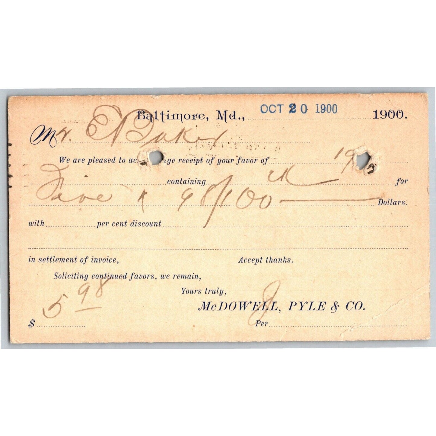 1900 Adv. Payment Conf. Postcard McDowell, Pyle & Co Baltimore E. Baker*