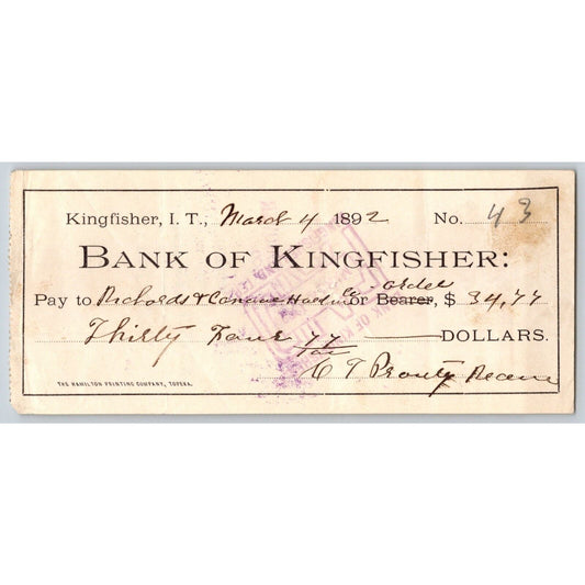 Kingfisher, Oklahoma Indian Territory 1892 "Bank of Kingfisher" Check