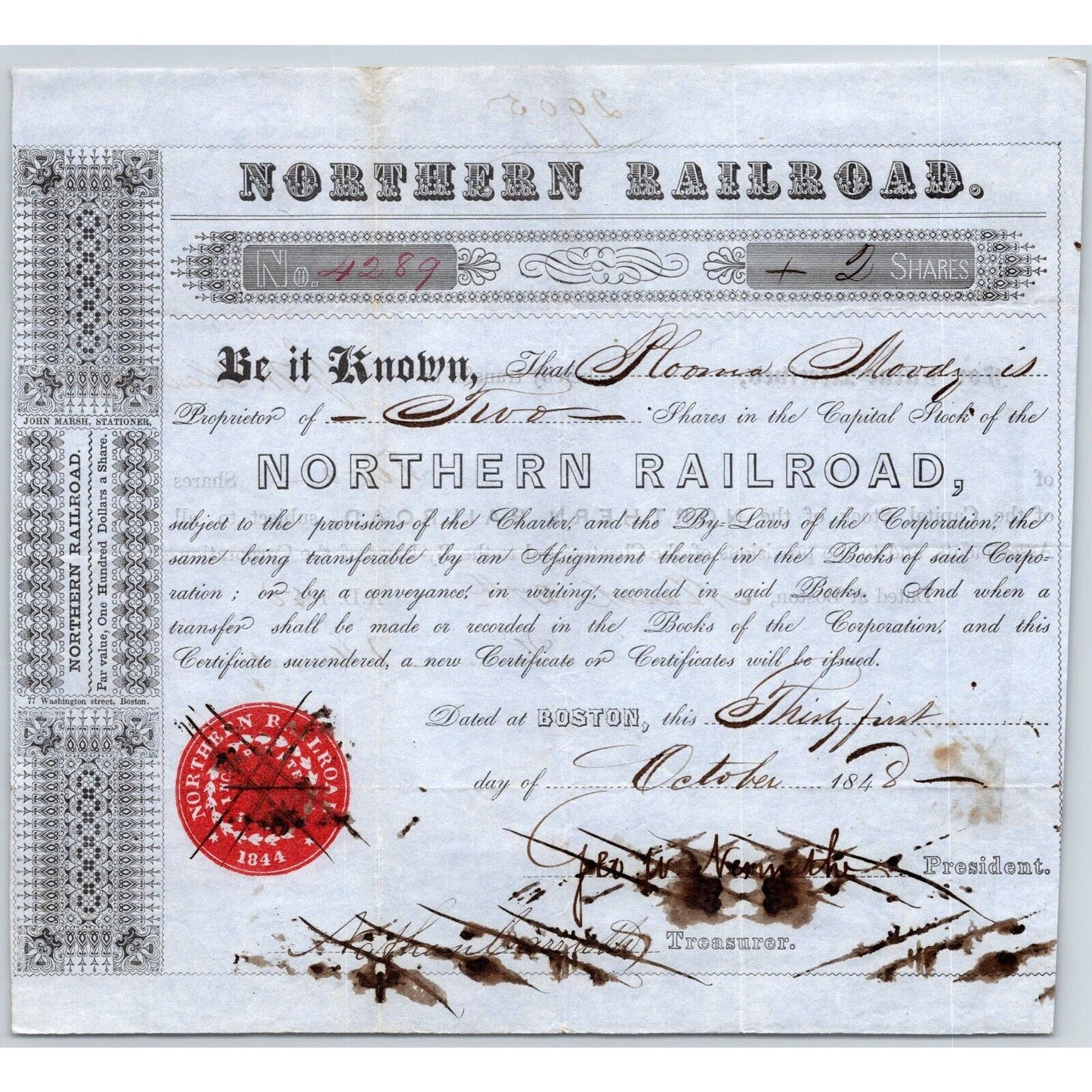 1848 Boston, MA Northern Railroad Stock Certificate No. 4289 for 2 Shares