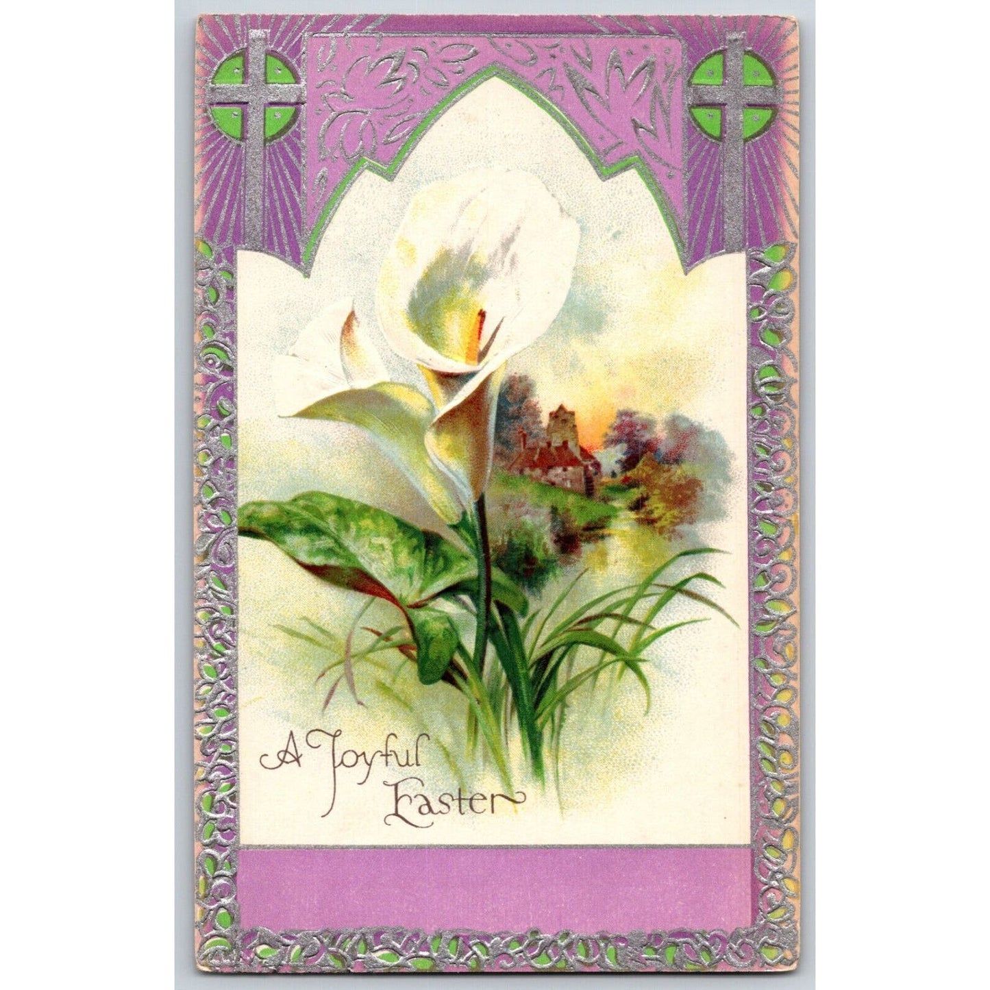 Vintage Easter Postcard "A Joyful Easter" Crosses Floral Embossed