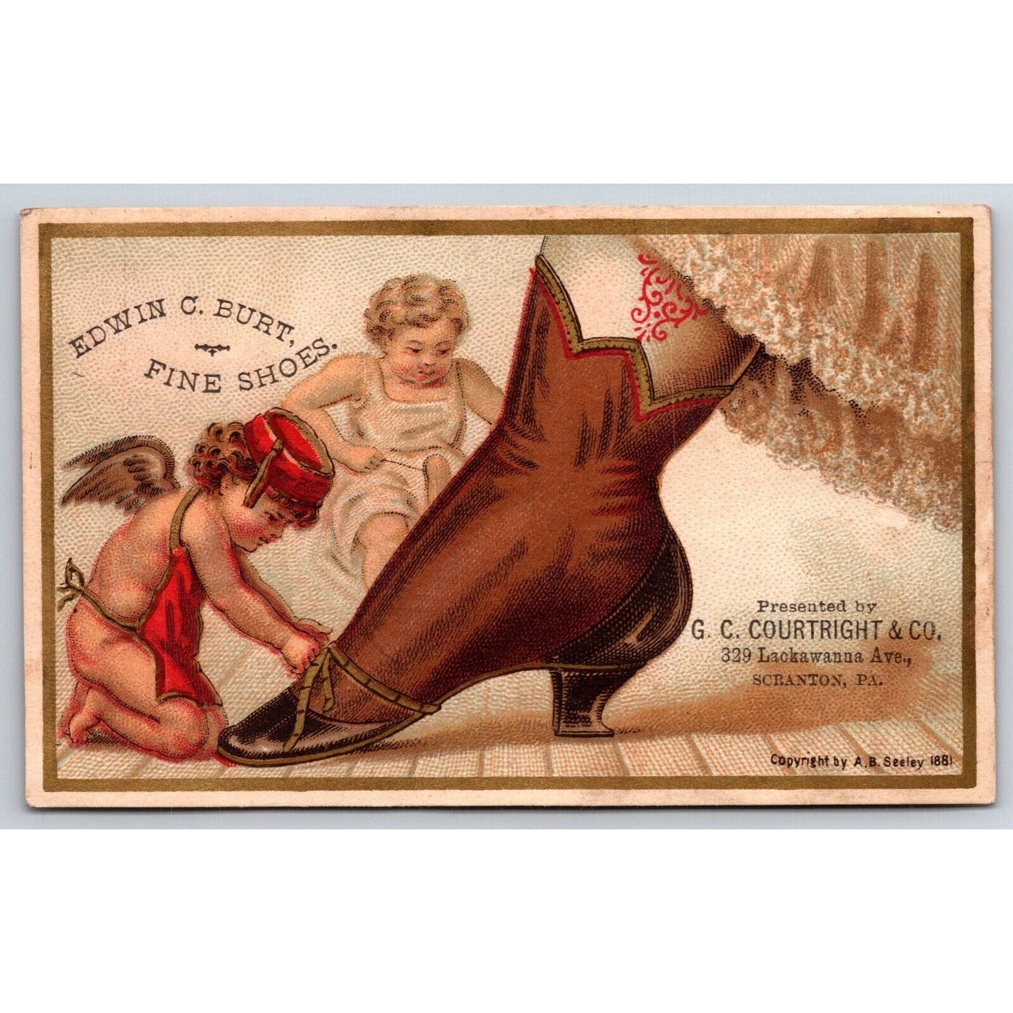 Scranton G.C. Courtright Boots Shoes Victorian Trade Card - Cupid Measures Shoe